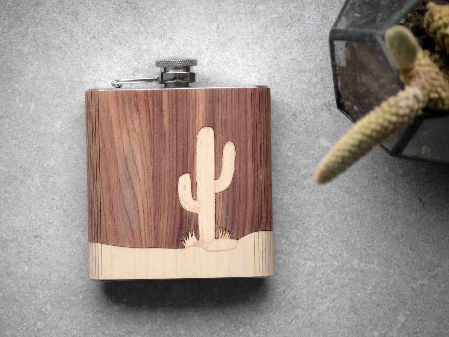 Autumn Woods Co Handcrafted Wood Cactus Hip Flask