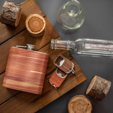 Wooden Barware by Autumn Woods Co | Wood Flasks | Wood Bottle Openers | Wood Wine Stoppers | Wood Keychains | Custom Engraved Handmade Wedding Gifts | Custom Logo Gifts