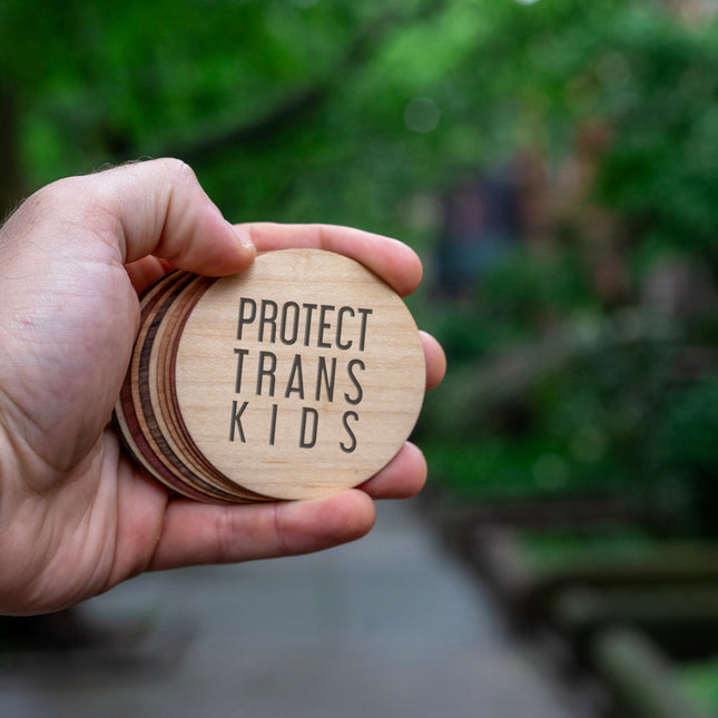 Protect Trans Kids Sticker, Autumn Woods Collective, Custom Wooden Gifts