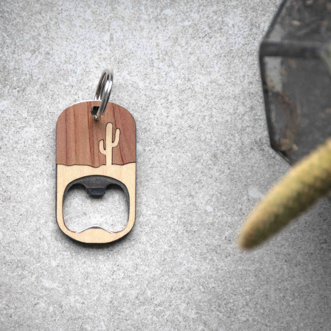 Autumn Woods Collective Handcrafted Wooden Cactus Desert Bottle Opener Keychain in Cedar and Maple