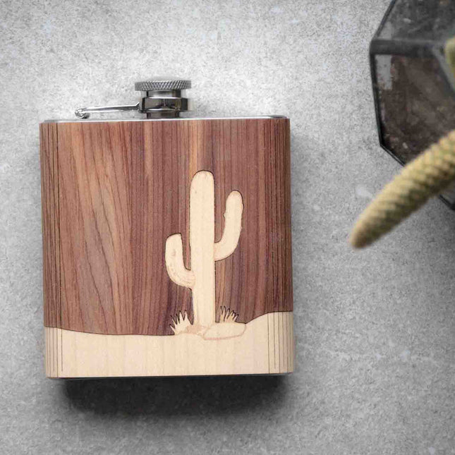 Autumn Woods Co Handcrafted Wood Cactus Hip Flask