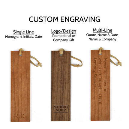 American Flag Wooden Bookmark Custom Engraving Examples showing initials, logos, and quote options - Autumn Woods Co