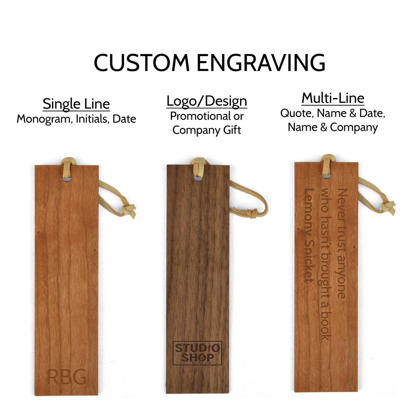 American Flag Wooden Bookmark Custom Engraving Examples showing initials, logos, and quote options - Autumn Woods Co