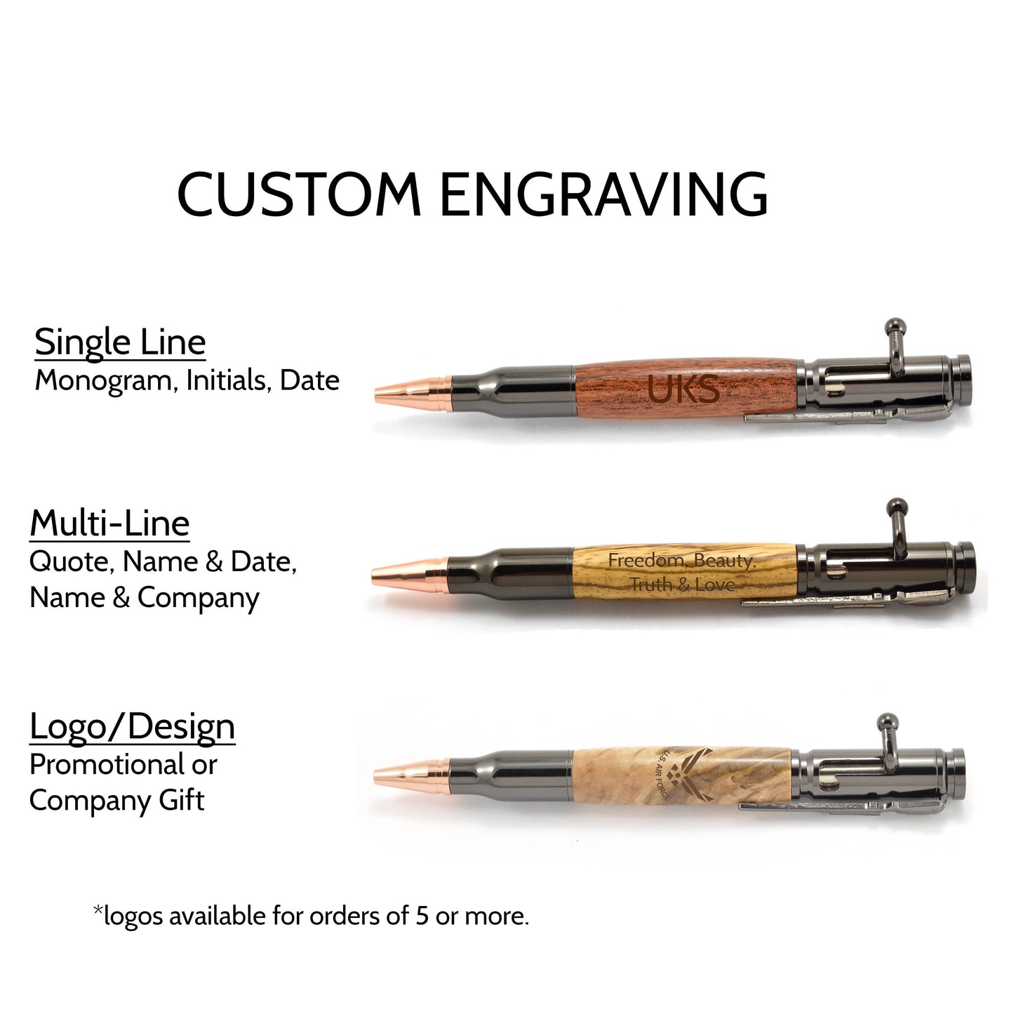 Image of 3 Bolt Action Pens that show the different types of custom engravings we are able to do