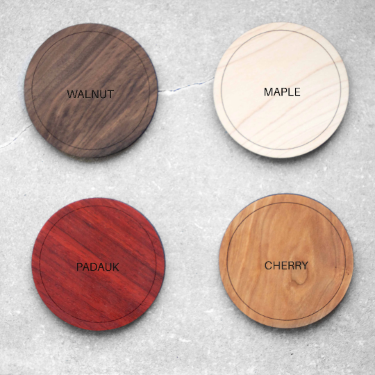 an image of all 4 wood options available to order this design in; including walnut, maple, cherry, or padauk wood